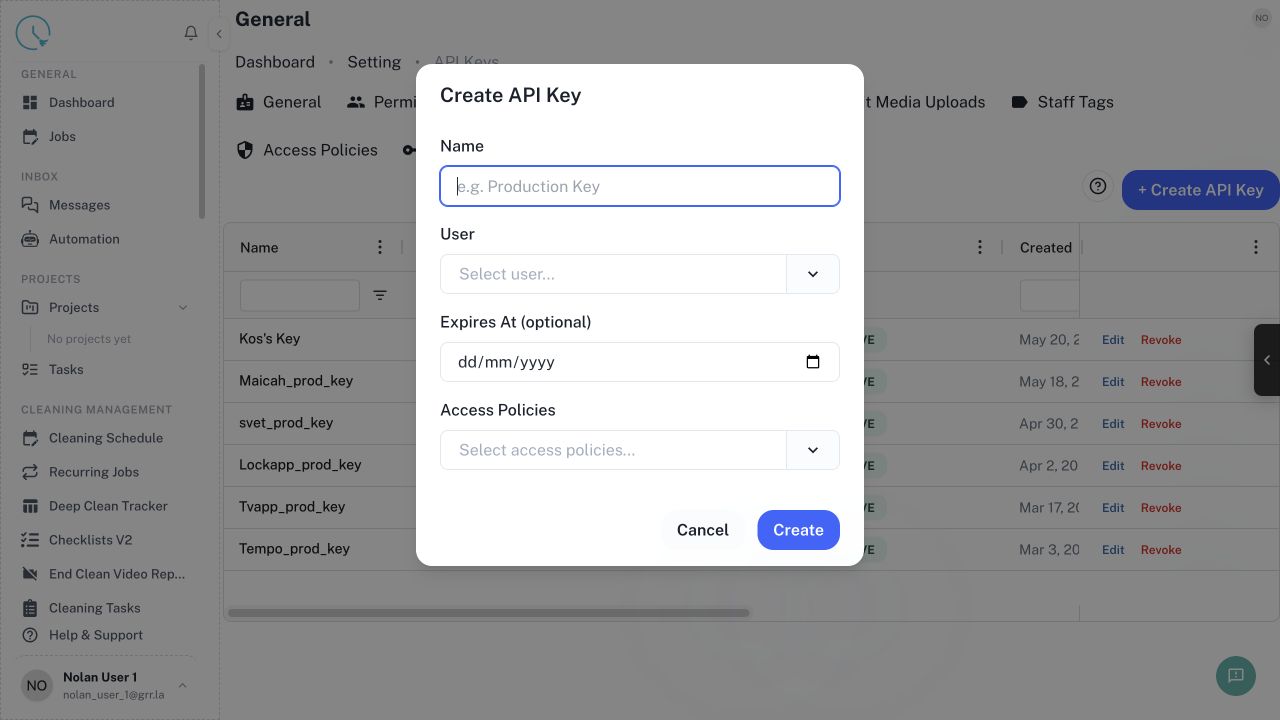 CleanOver Api Key Create screen