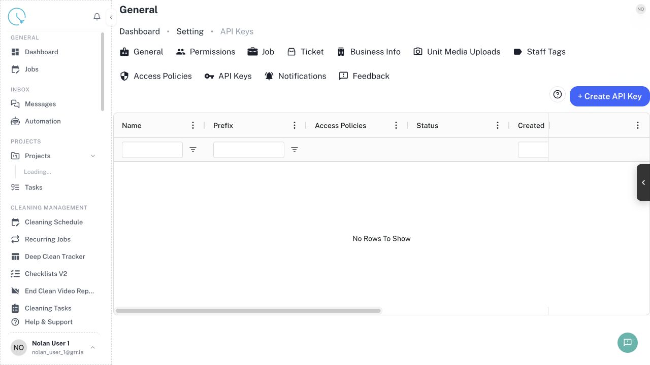 CleanOver Api Keys screen