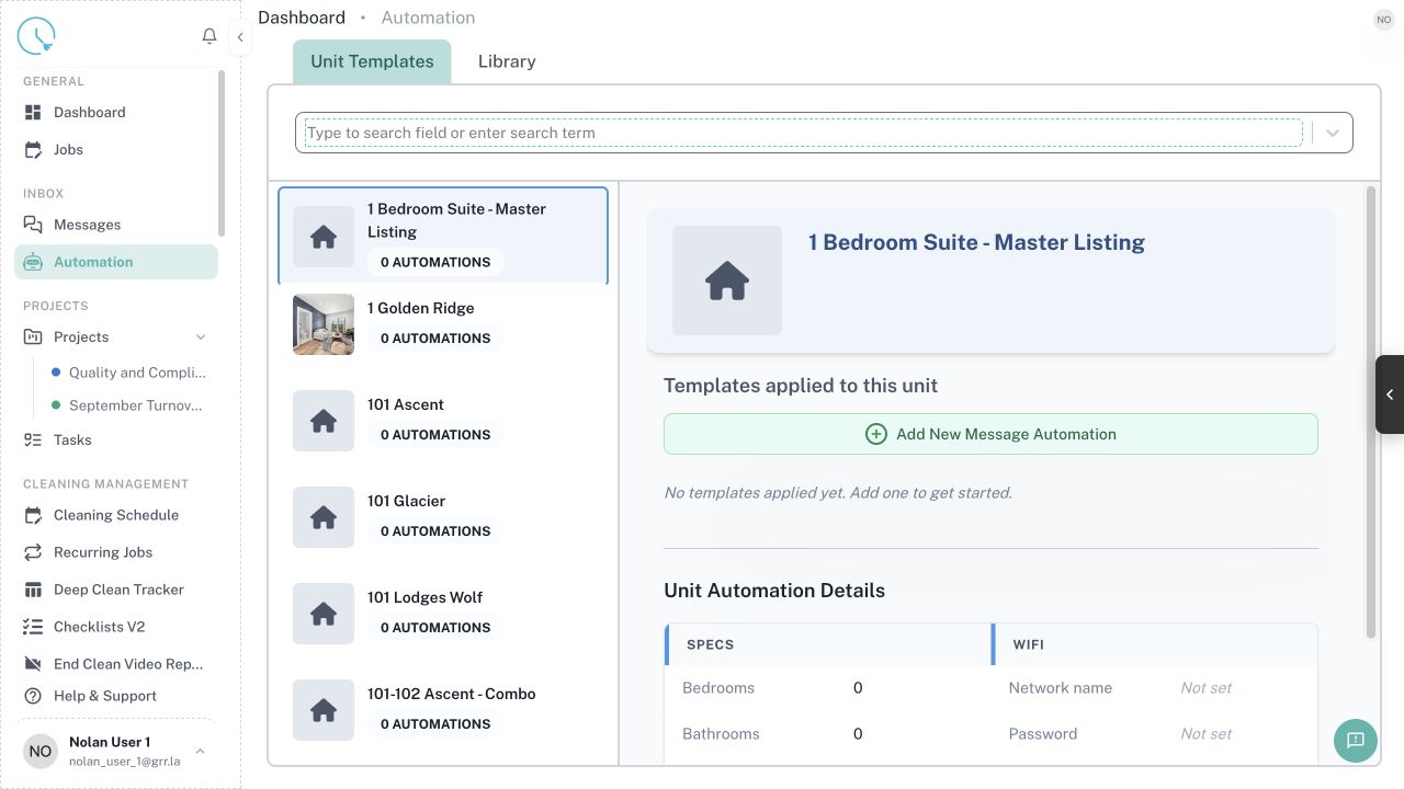 CleanOver Automation screen