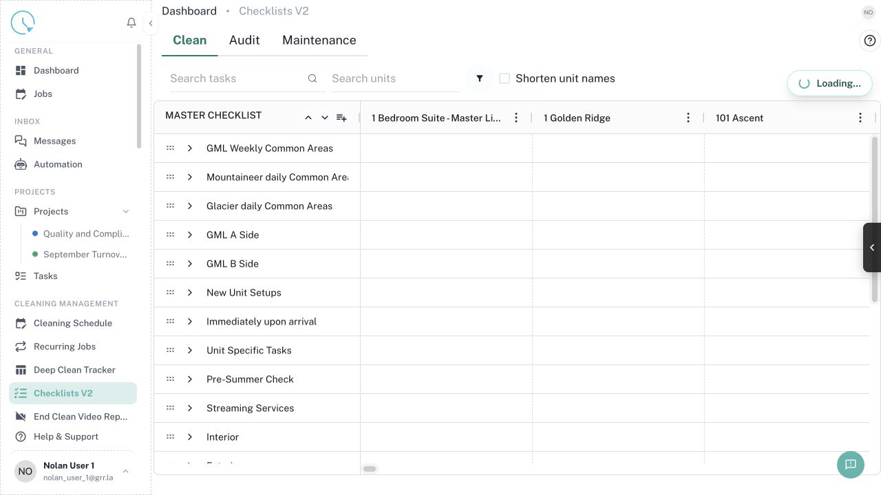 CleanOver Checklists V2 screen