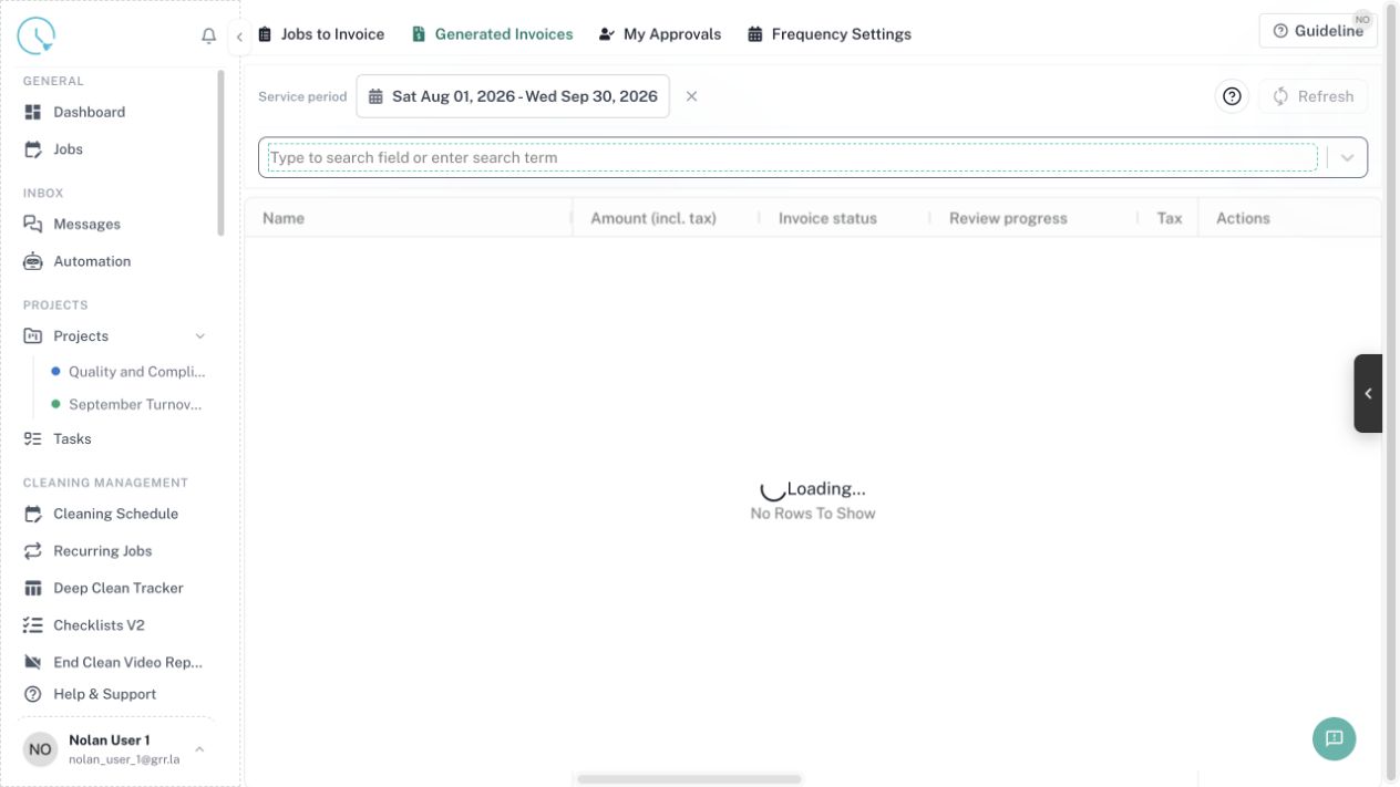 CleanOver Cleaner Invoices Generated screen