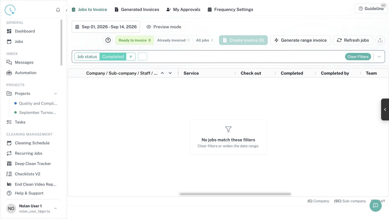 CleanOver Cleaner Invoices Jobs screen