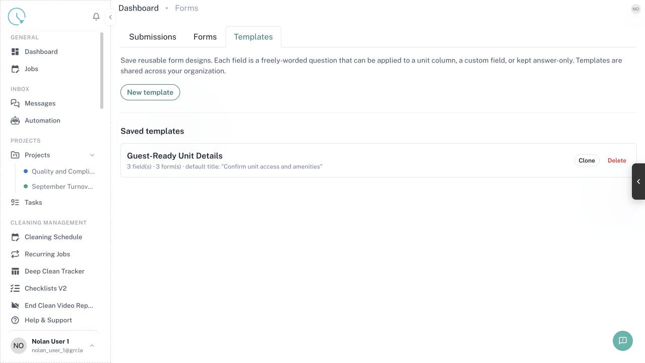 CleanOver Form Templates screen