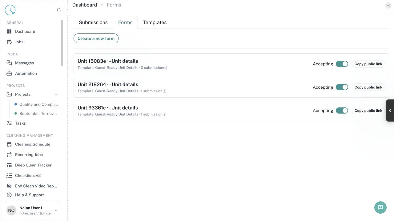 CleanOver Forms List screen