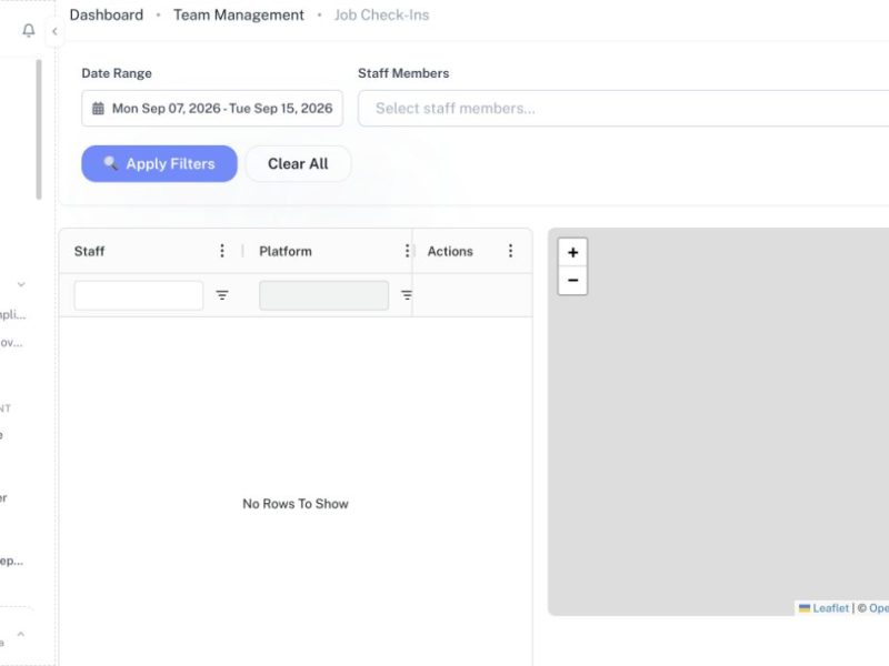 CleanOver Job Check Ins screen