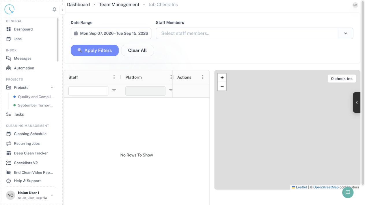 CleanOver Job Check Ins screen