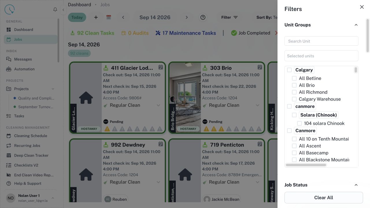 CleanOver Jobs Filter screen