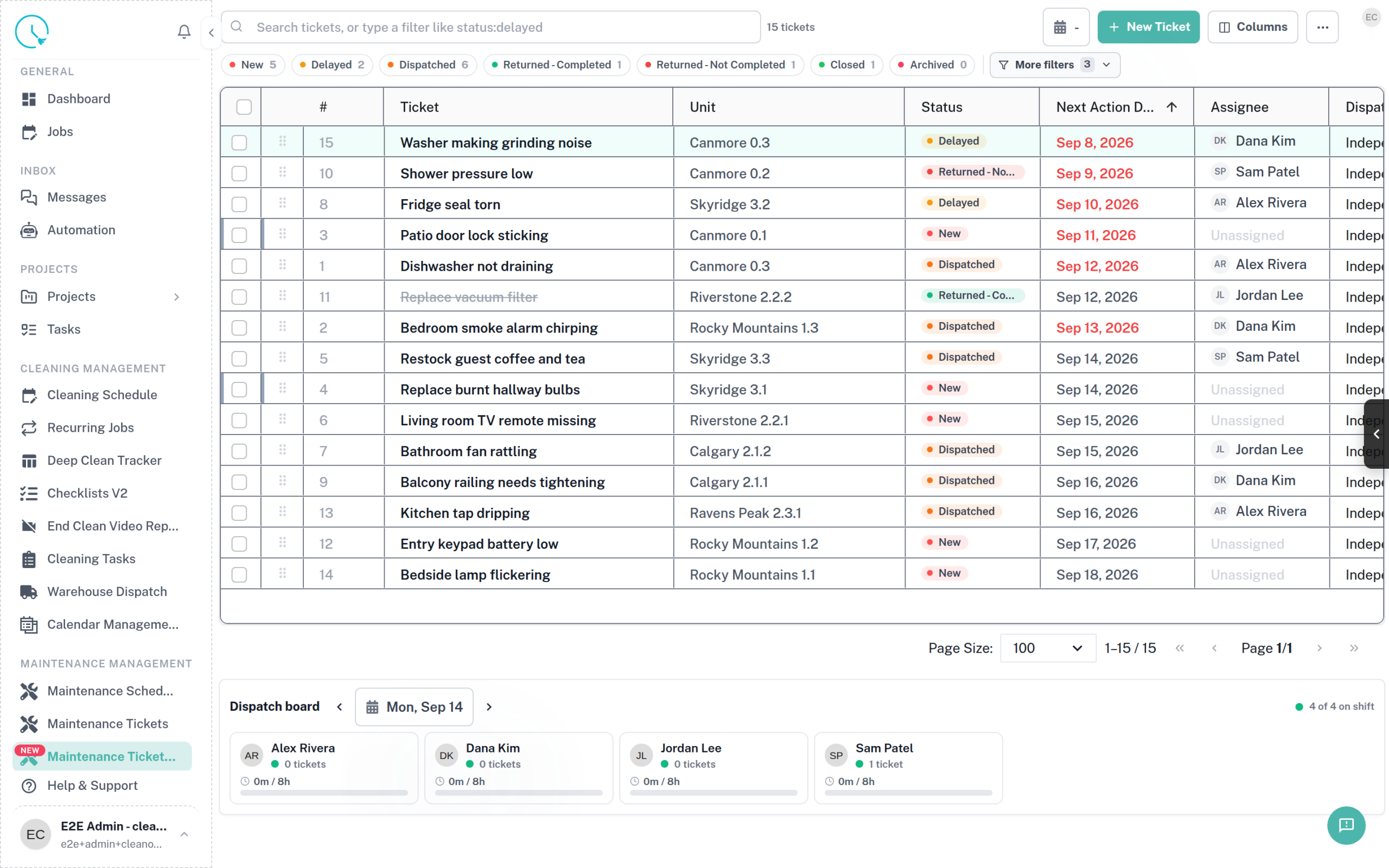 Maintenance Tickets V3 with the ticket list above and the dispatch board below