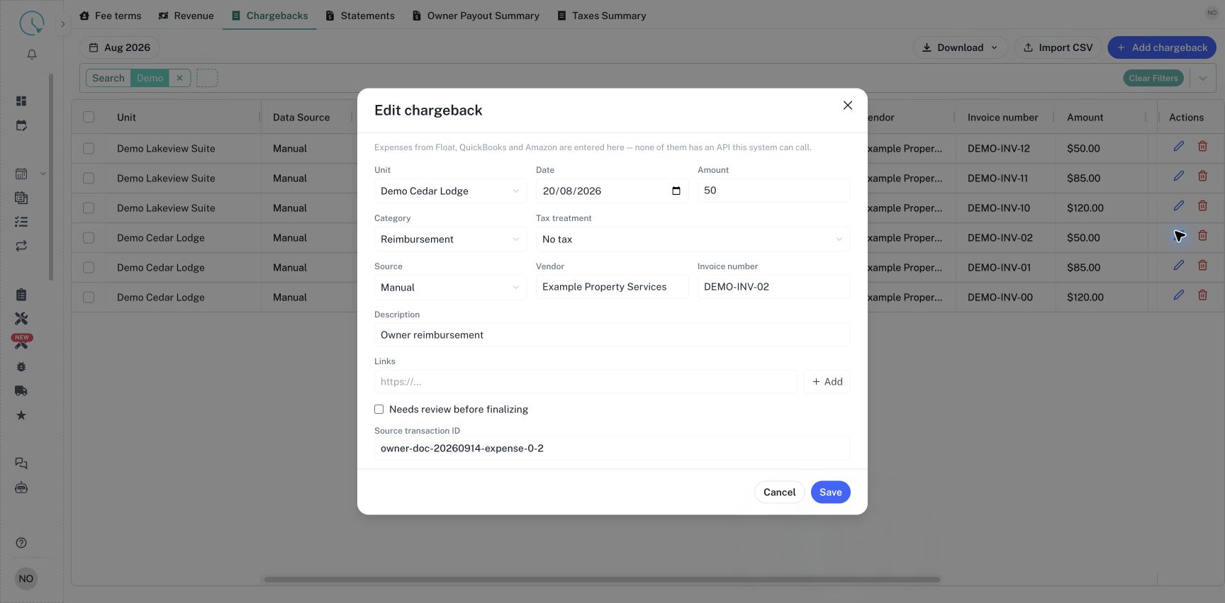 The chargeback form includes amount, category, tax treatment and source references.