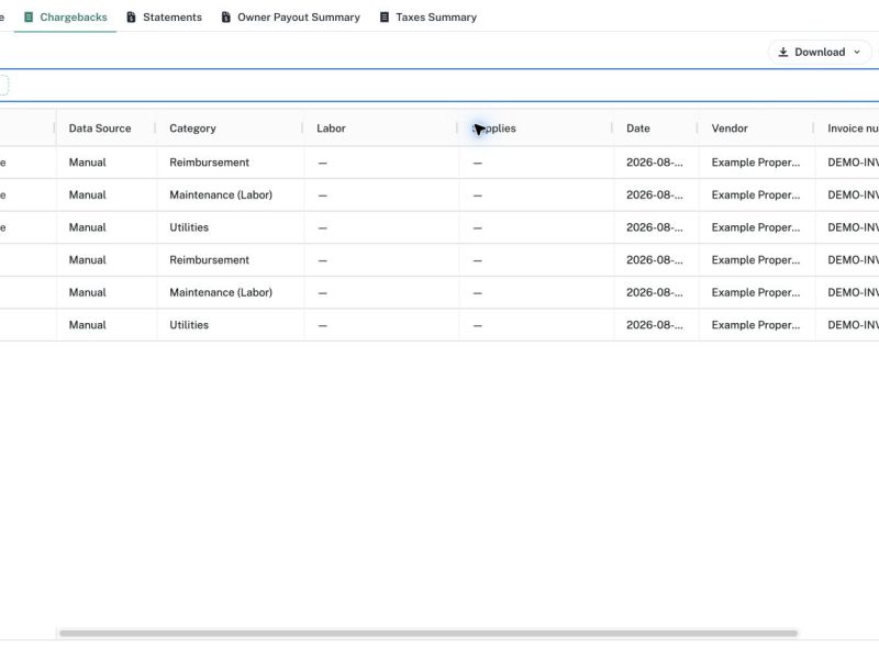 The chargeback ledger shows separate transactions for each demo property.