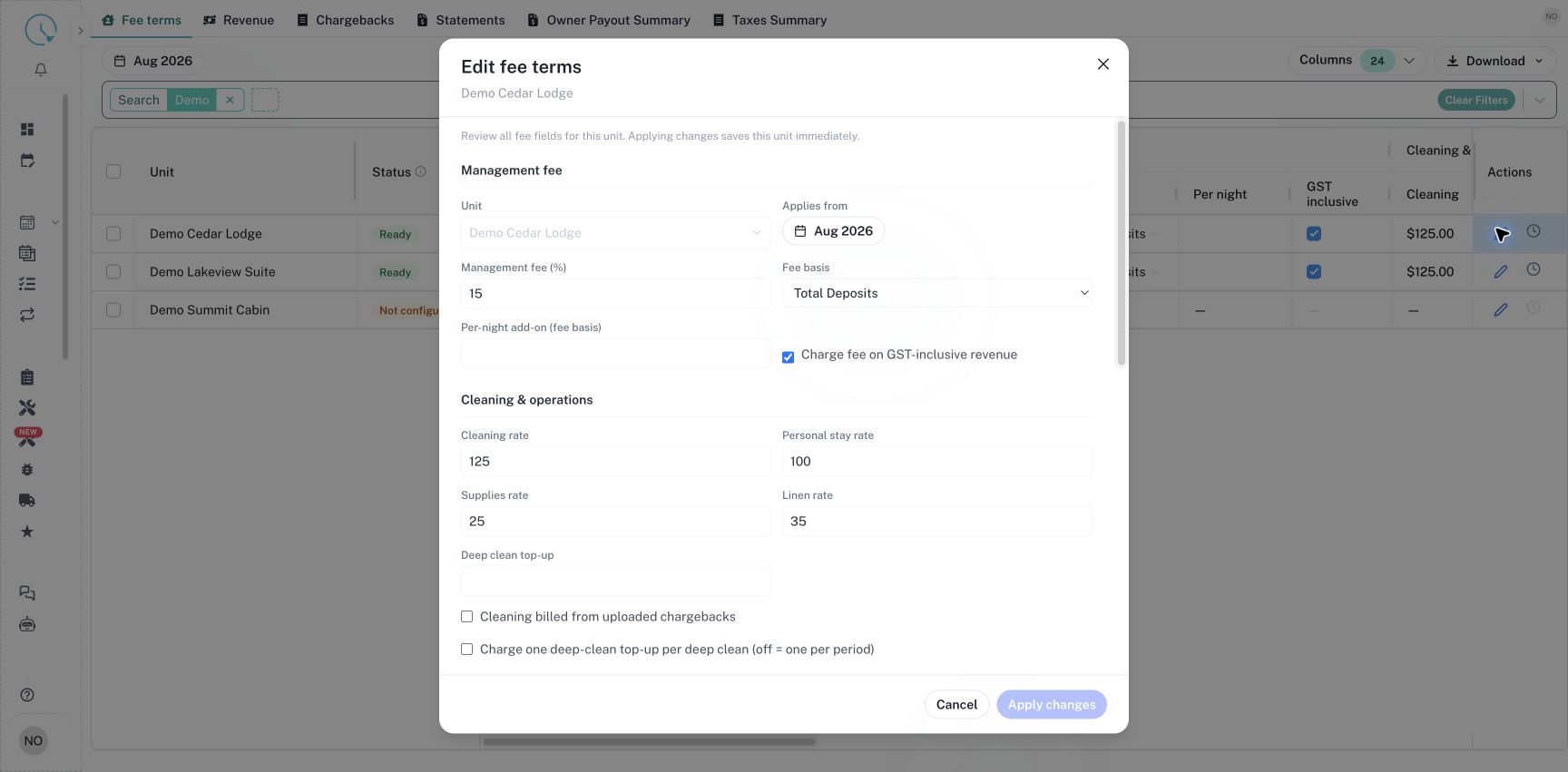 Review the effective month, management fee and operating rates in the fee editor.