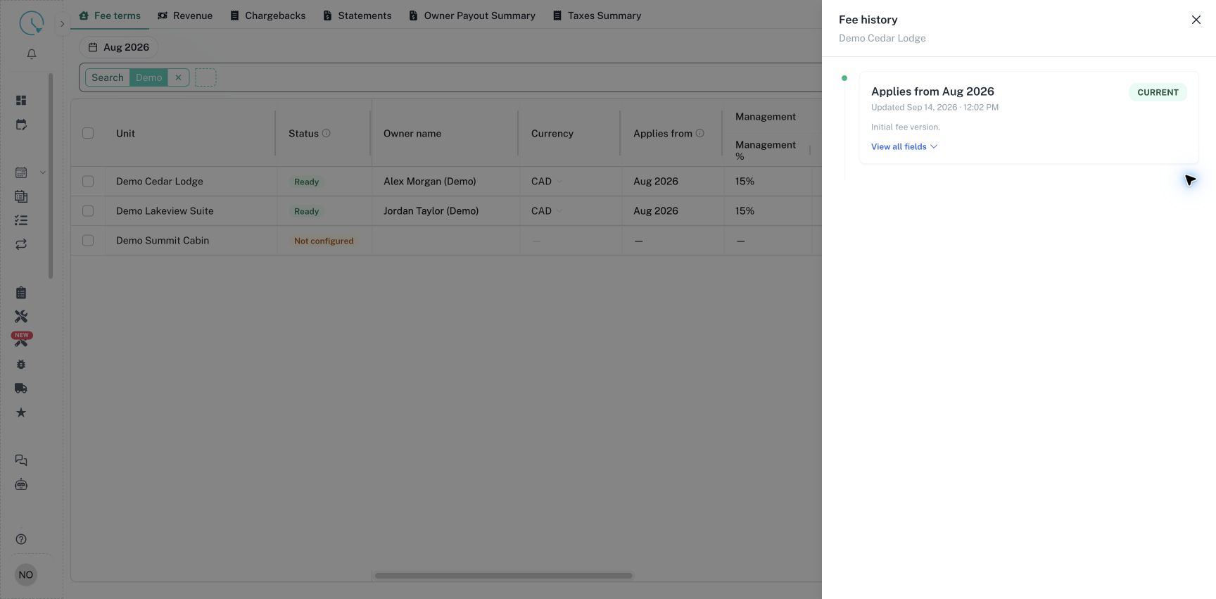 Fee history identifies the current effective version and lets you inspect its fields.
