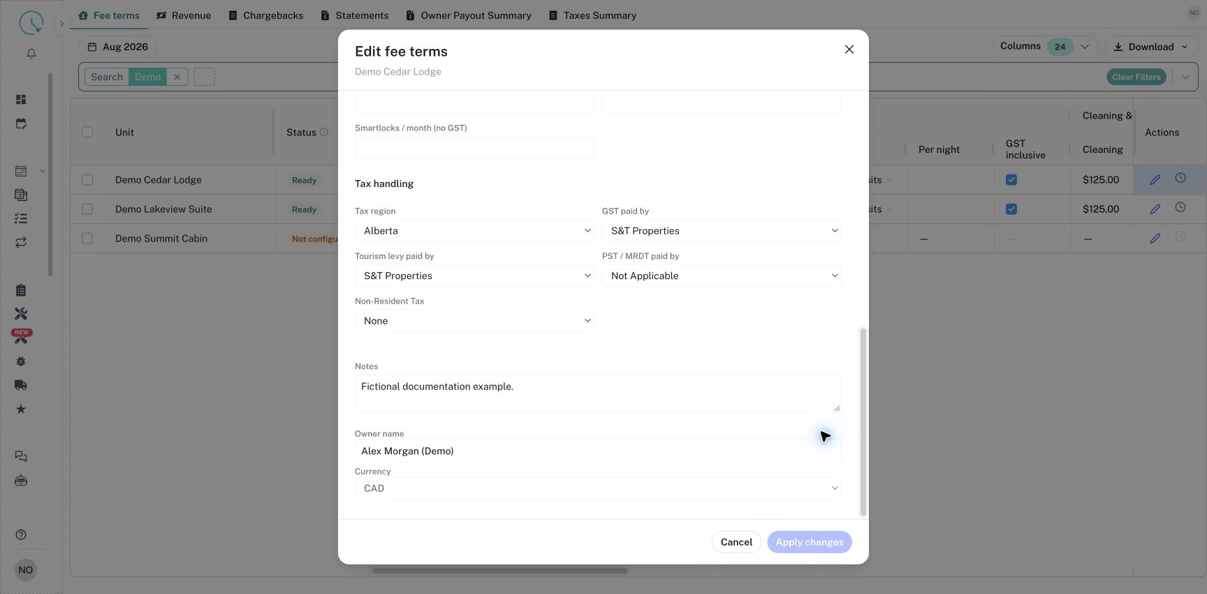 The lower part of the editor contains recurring charges, tax handling and owner information.