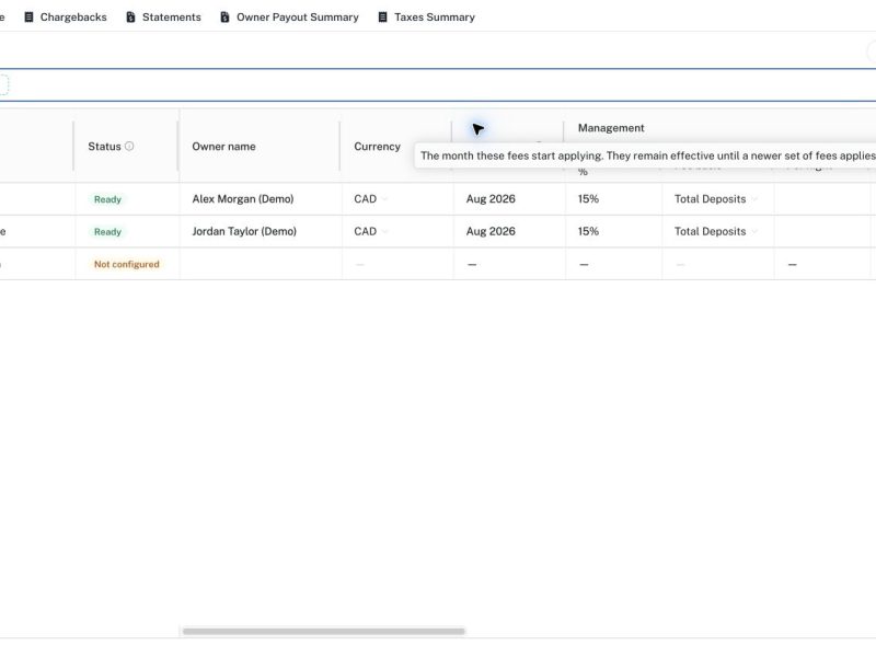 Fee terms shows configured demo units and a unit that still needs setup.