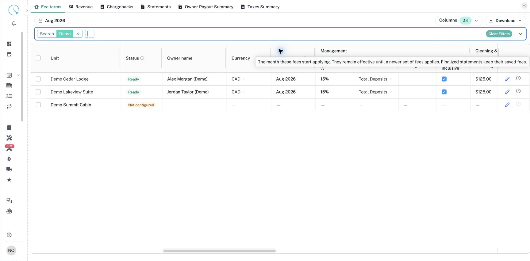 Fee terms shows configured demo units and a unit that still needs setup.