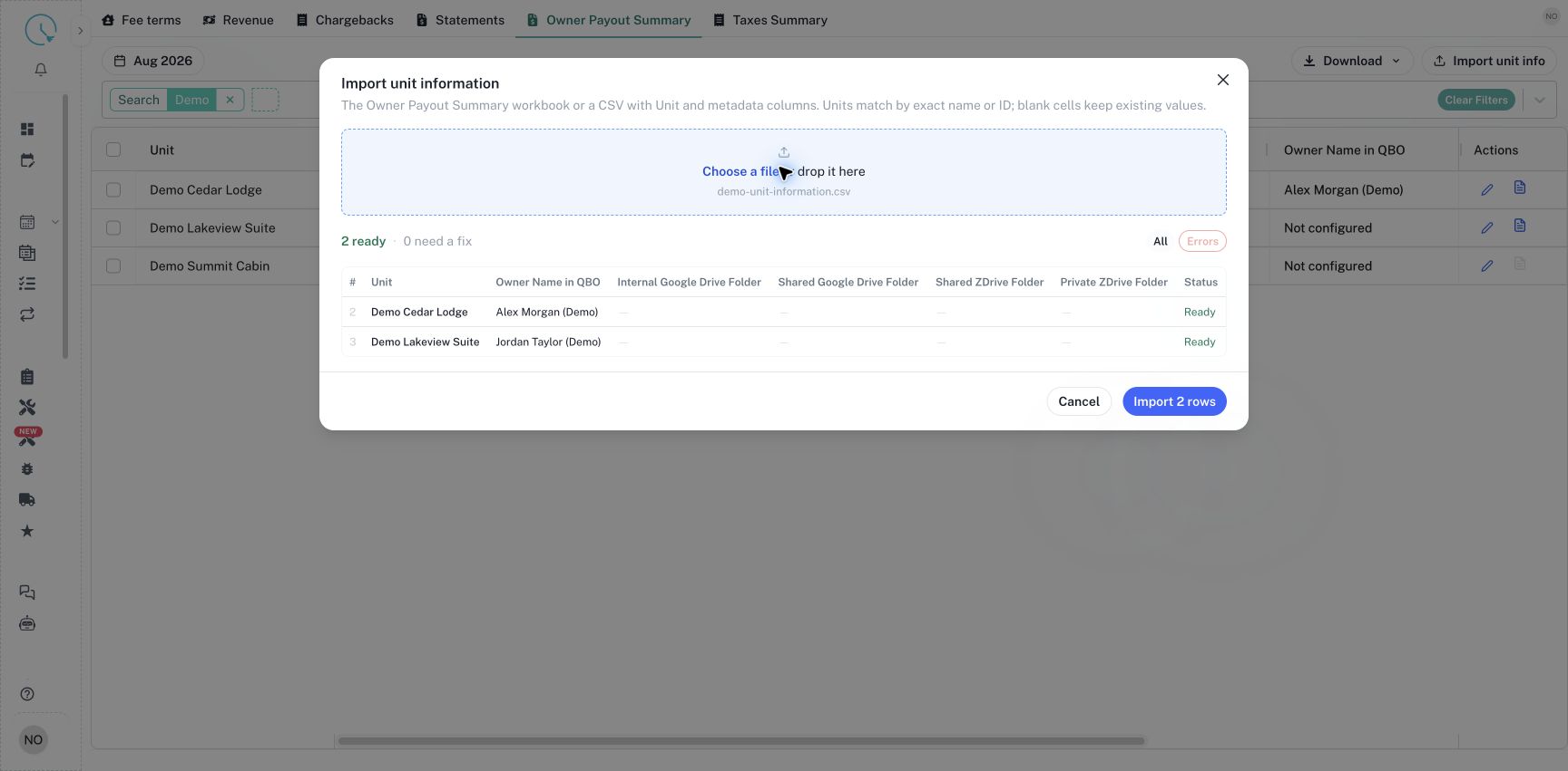 A two-row metadata preview identifies the matched units and values ready to save.