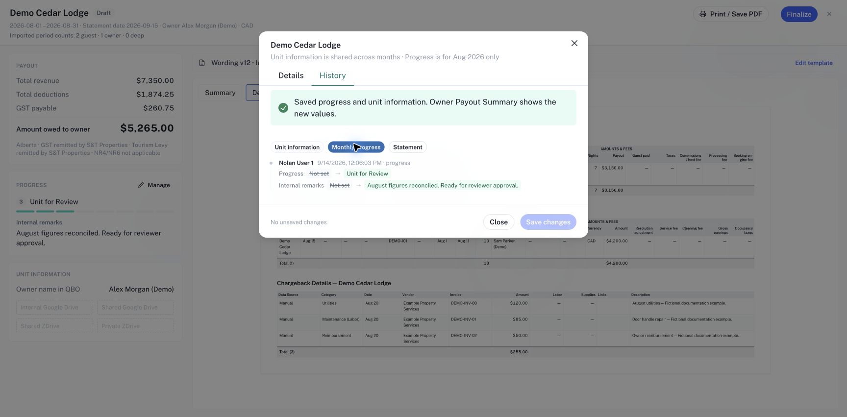 History separates monthly progress from unit information and statement changes.