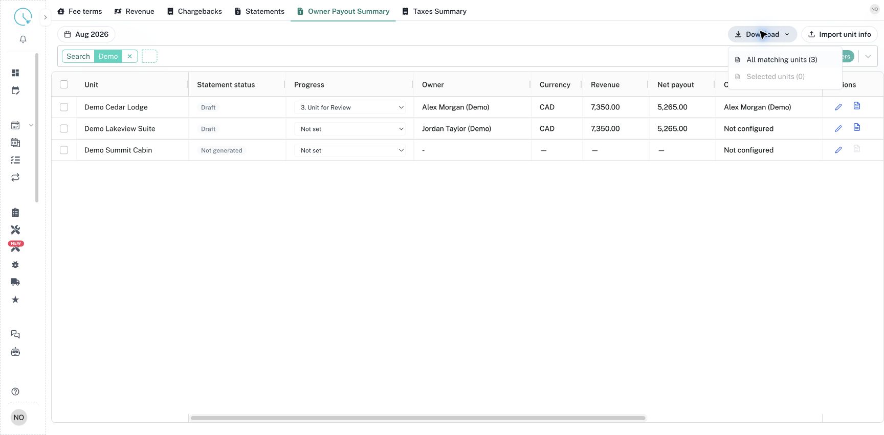 Download either all matching units or the explicitly selected subset.