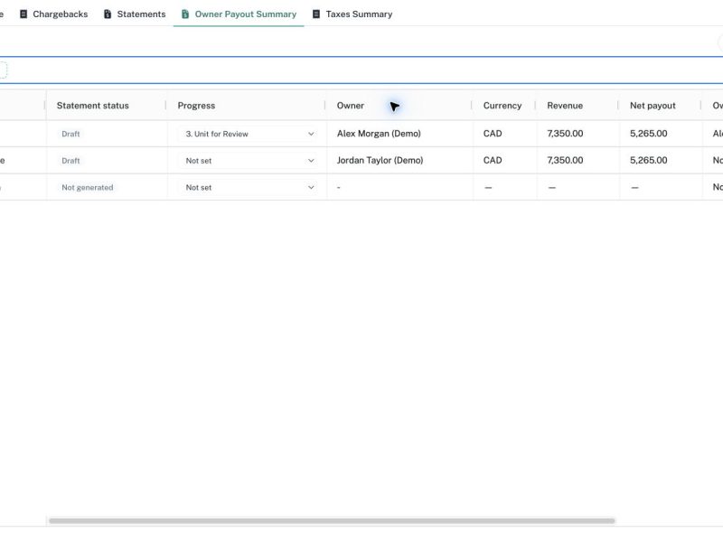 Owner Payout Summary combines statement figures with progress and accounting references.
