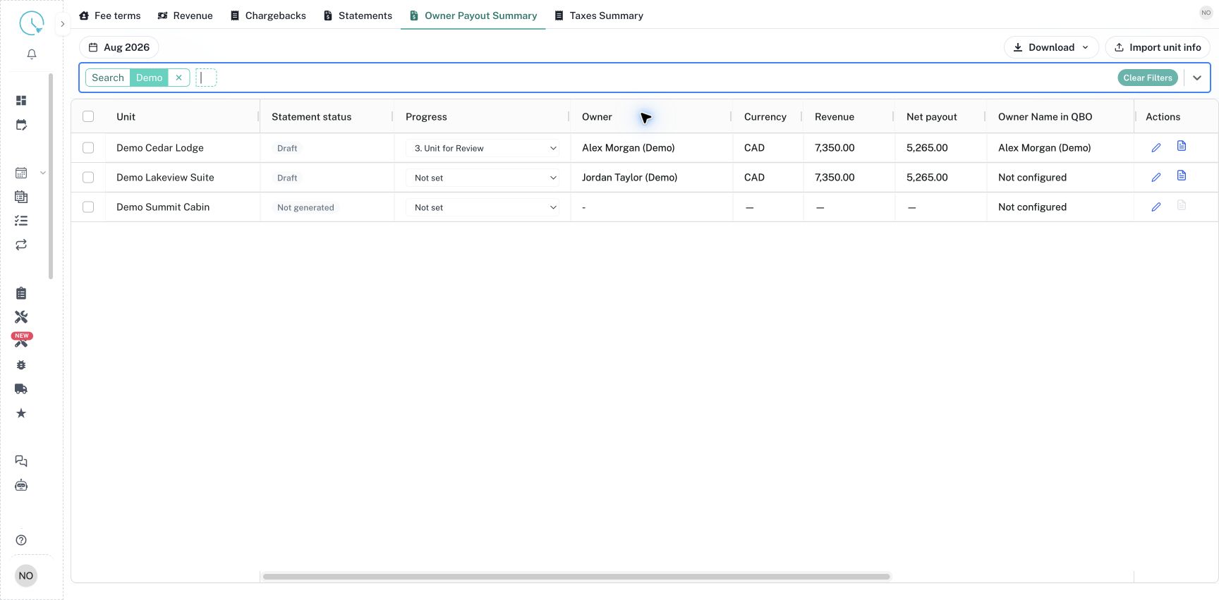 Owner Payout Summary combines statement figures with progress and accounting references.