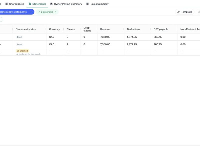 The Statements tab showing two generated demo statements and a unit with missing setup.