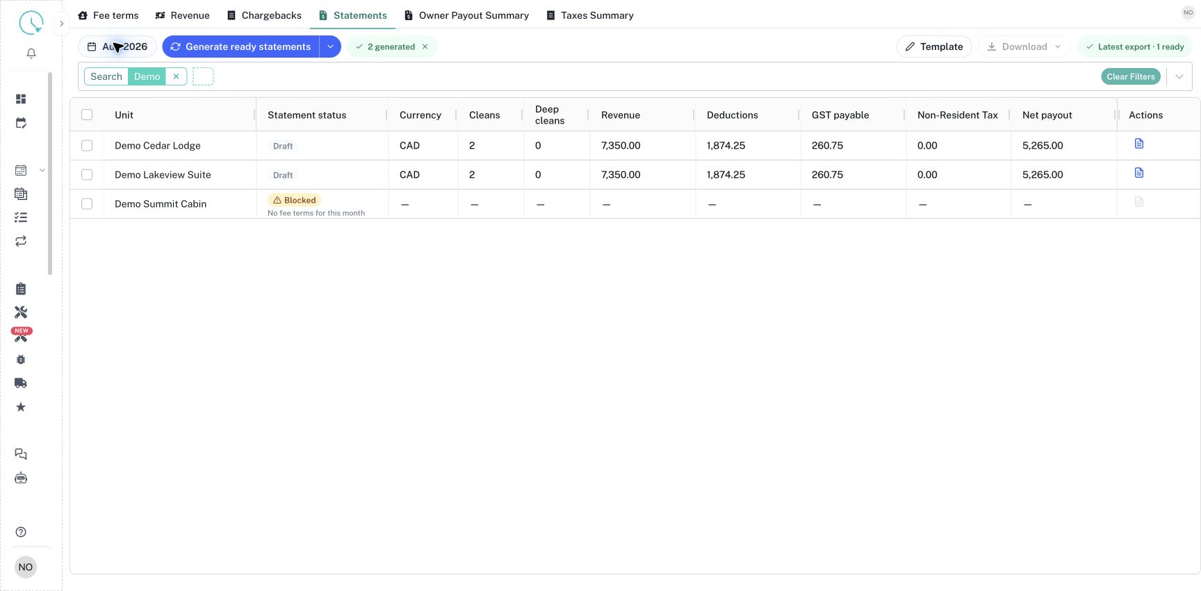 The Statements tab showing two generated demo statements and a unit with missing setup.
