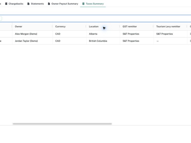 Taxes Summary displays generated statement data, including location and remitter information.