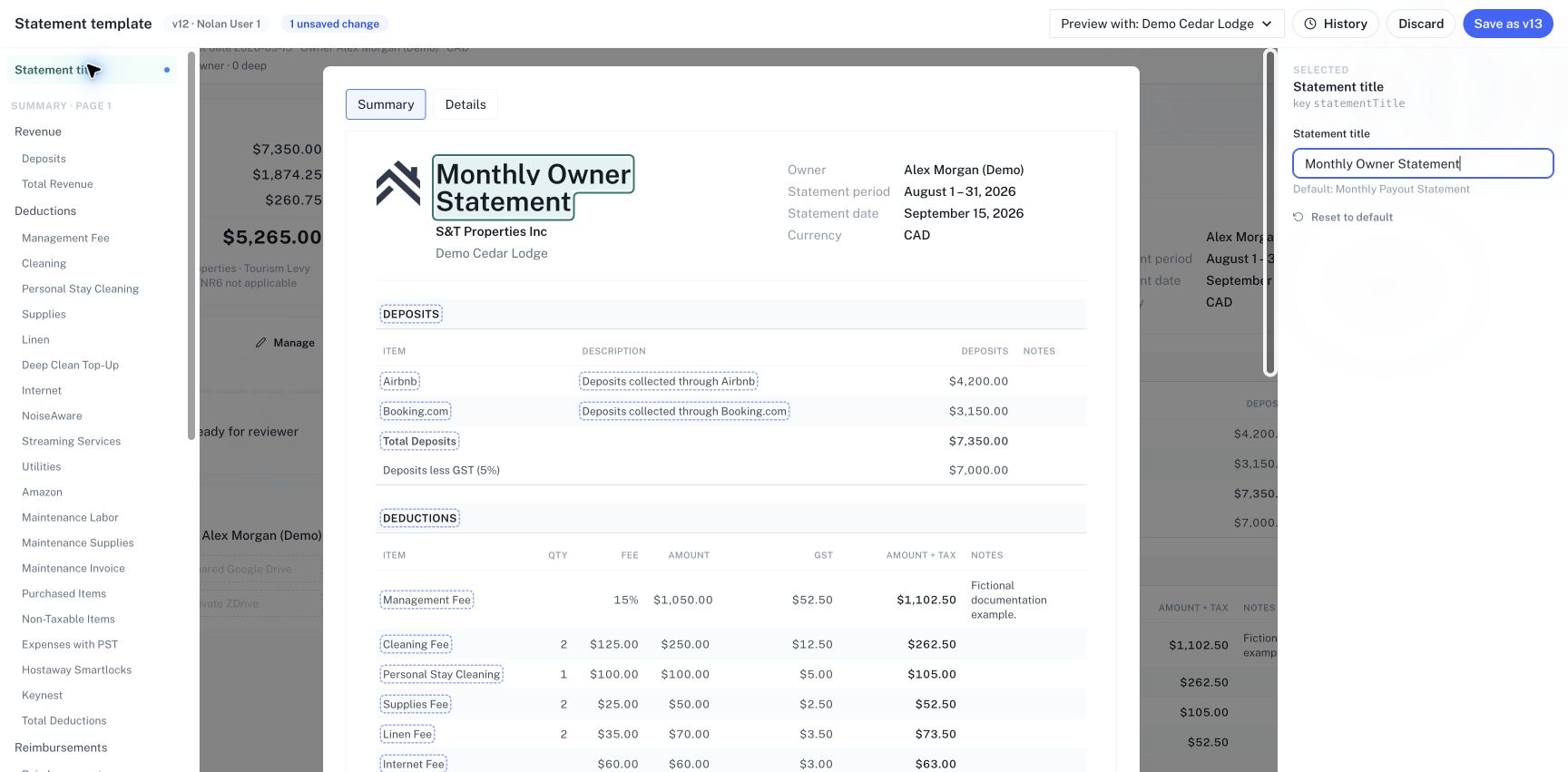 An edited statement title appears in the live preview with an unsaved-change indicator.