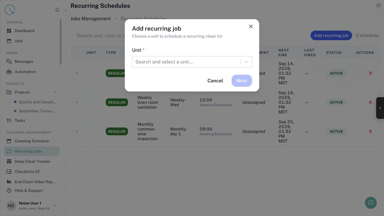 CleanOver Recurring Job Create screen