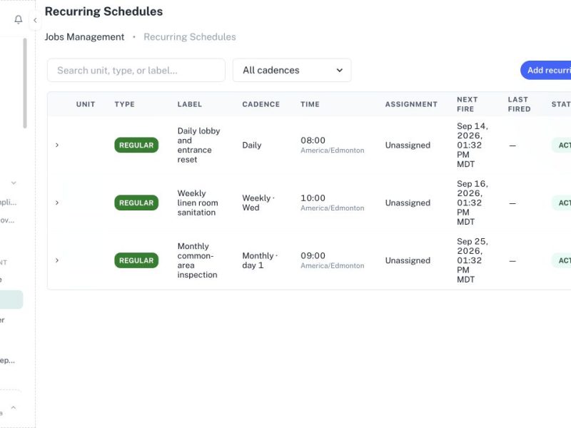CleanOver Recurring Jobs screen