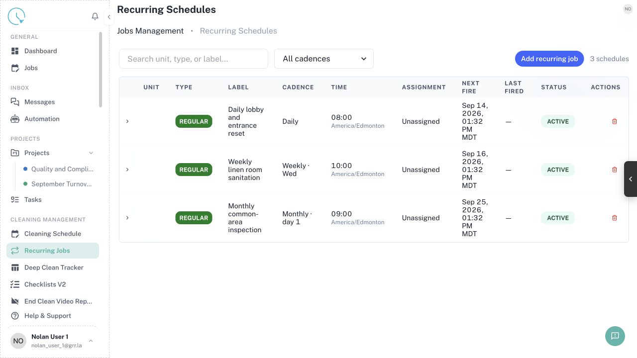 CleanOver Recurring Jobs screen