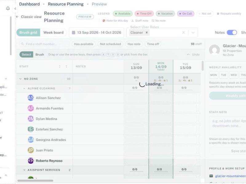 CleanOver Resource Planning screen