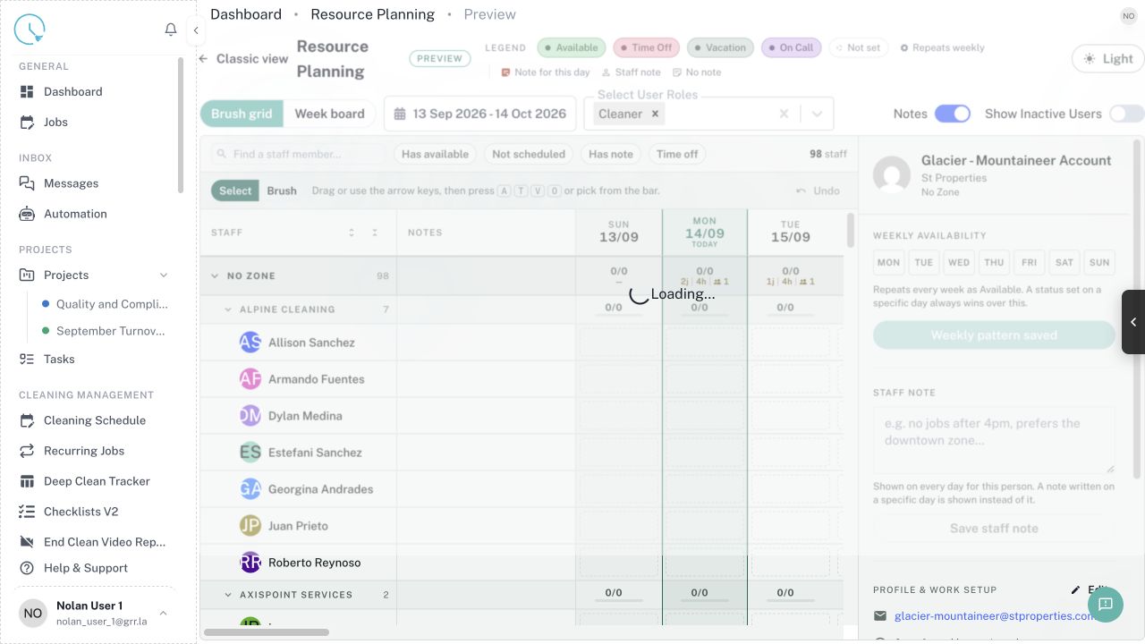 CleanOver Resource Planning screen