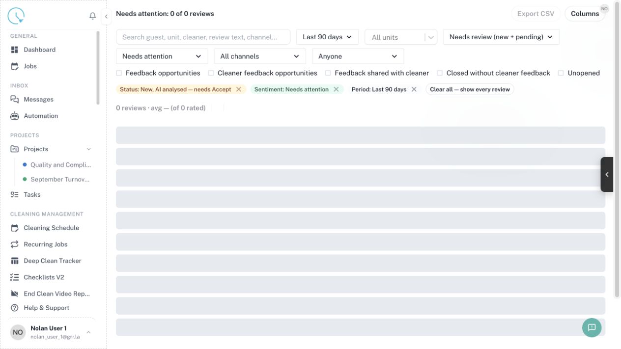 CleanOver Reviews screen