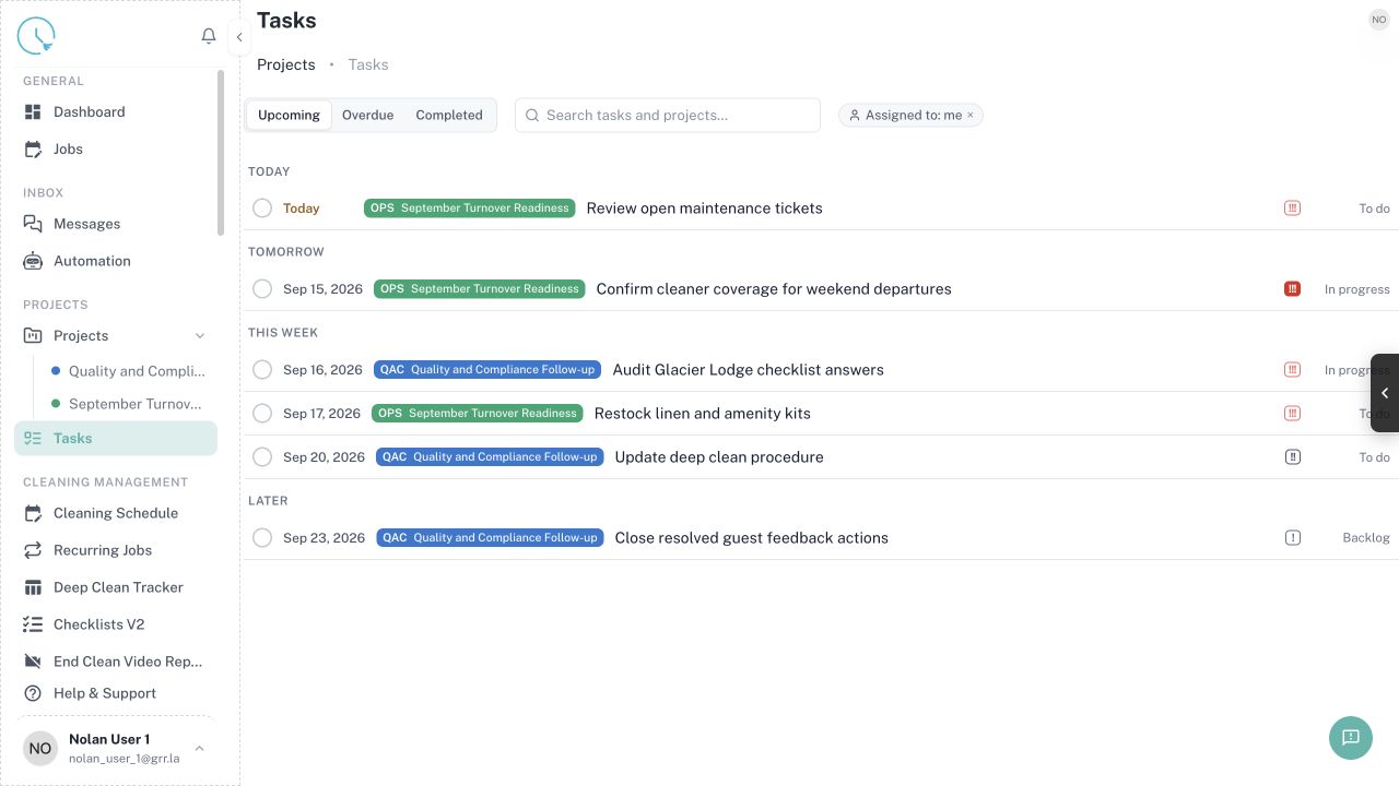 CleanOver Tasks screen