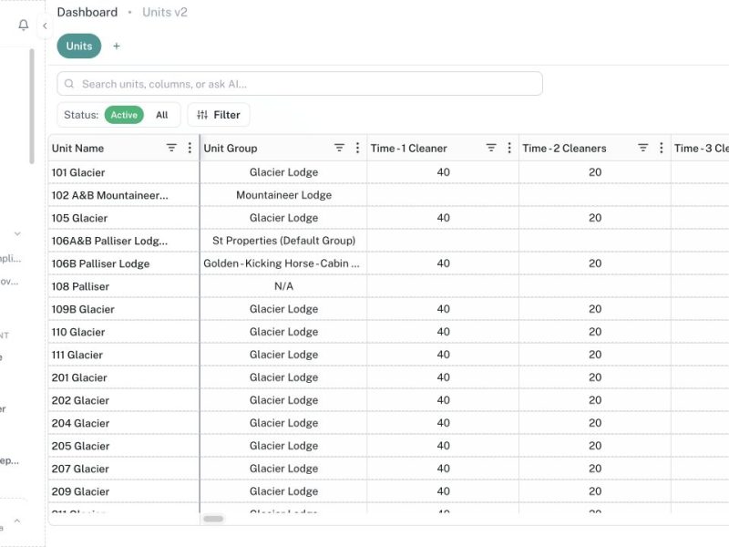 CleanOver Units screen