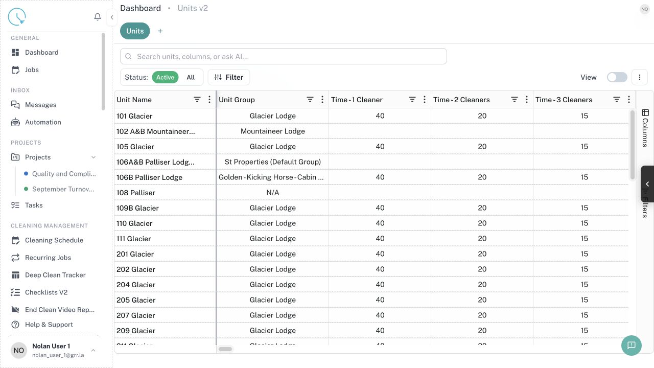 CleanOver Units screen