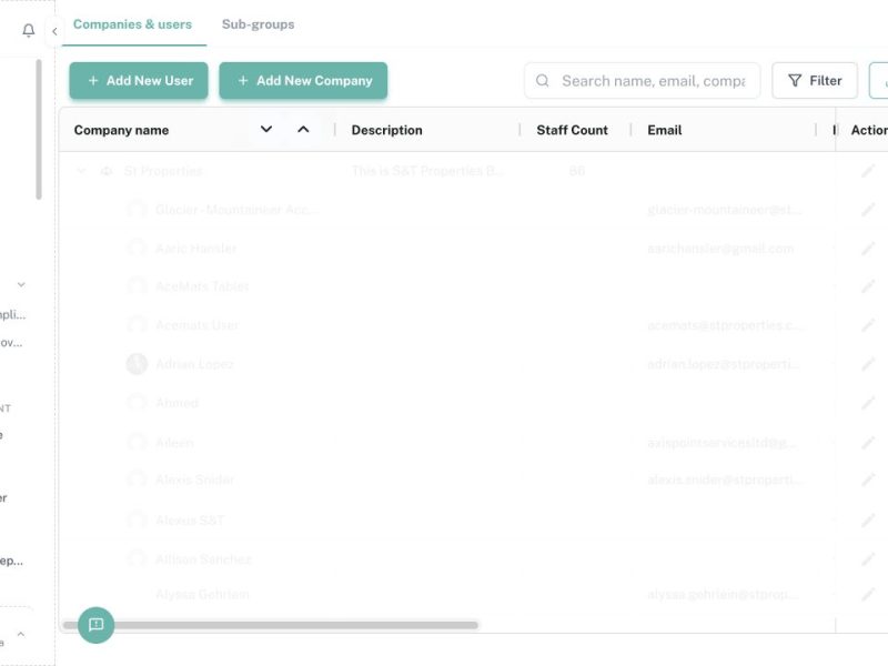 CleanOver Users Companies screen