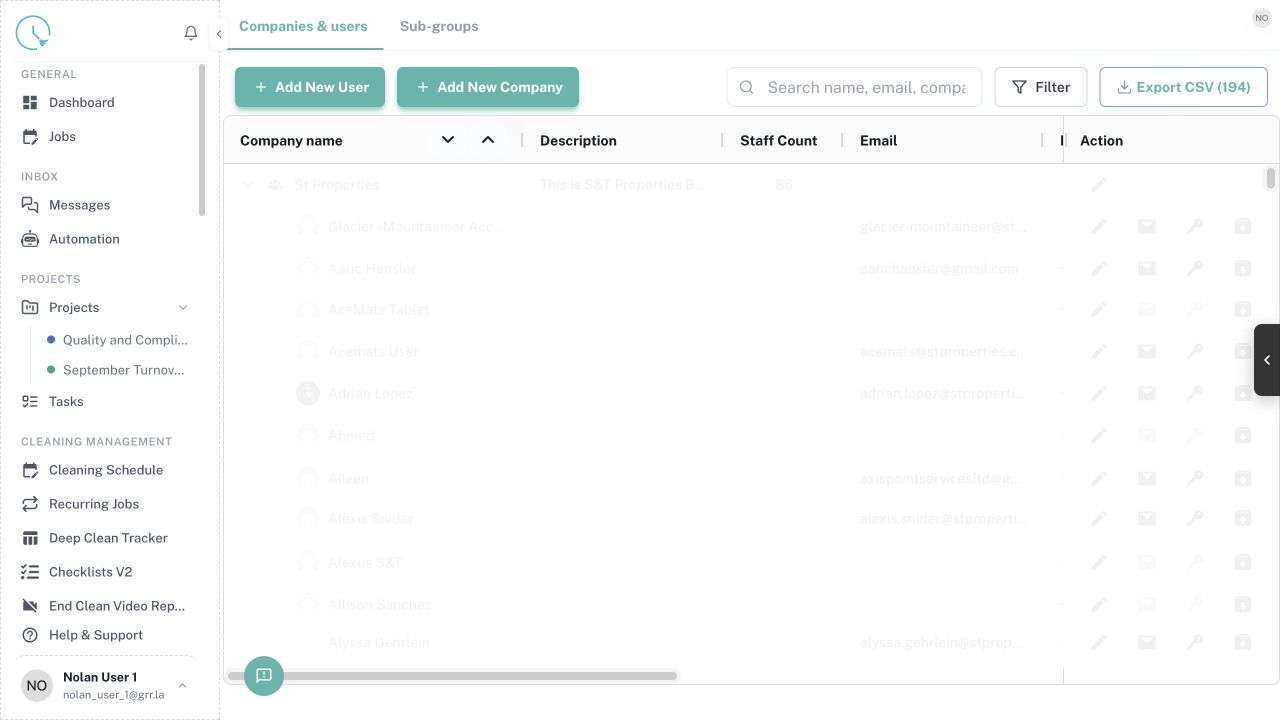 CleanOver Users Companies screen